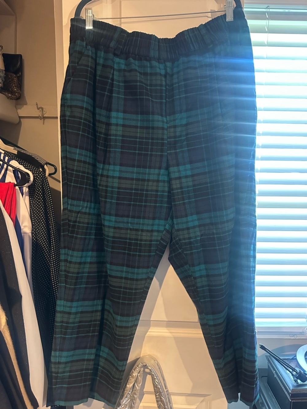 Blue & Black Plaid Elastic Waist Pants